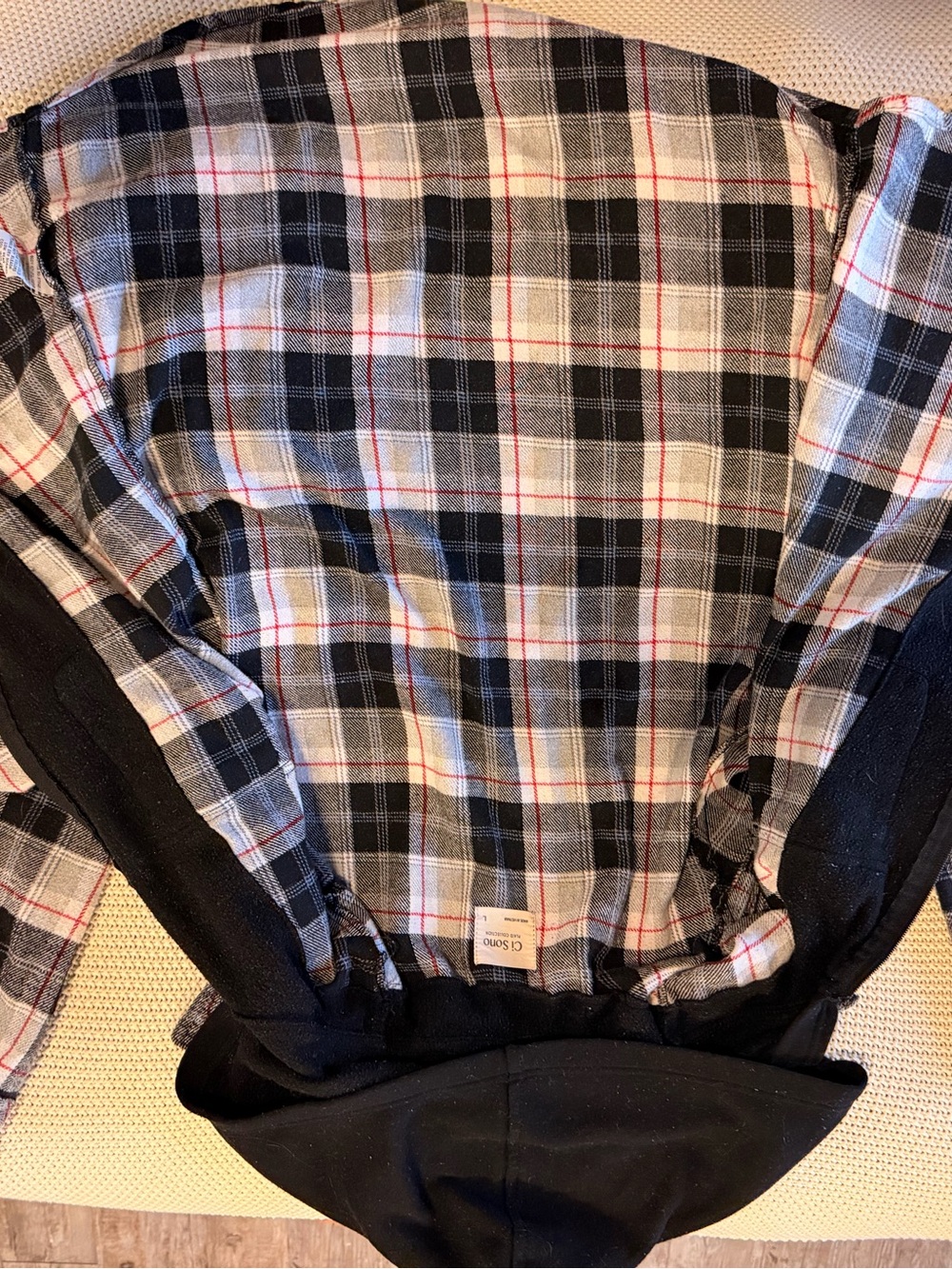 Ci Sono Black, Gray and White Plaid Hooded Shirt with Red Accent